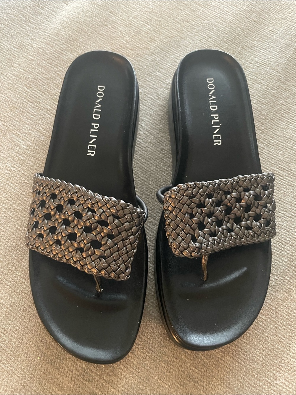 New Donald J. Pliner Black Sandal with Bronze Woven Strap